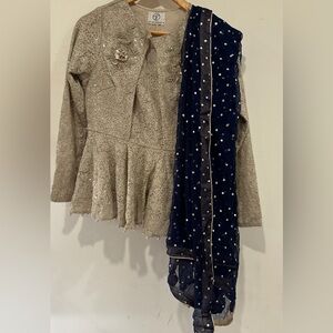 Faiza Saqlain Silver Navy Champagne Beige Peplum Shirt Palazzo Pants Pleated